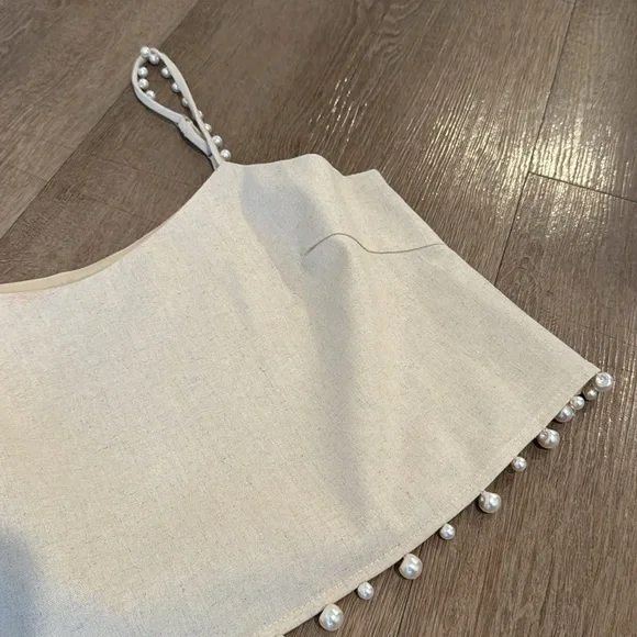 Pearl Details Cropped Top Beige Linen Straps Medium - Picture 5 of 10